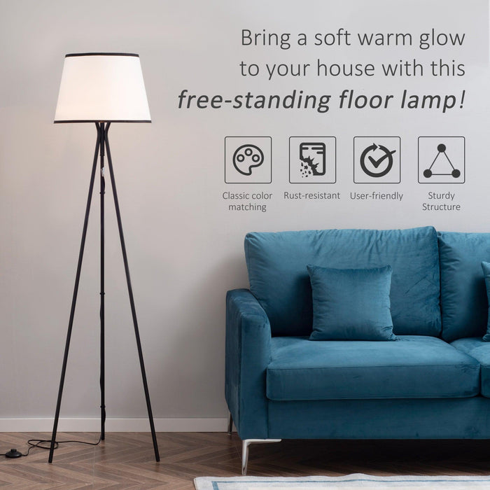 HOMCOM Modern Tripod Floor Lamp Free Standing Land Lamp w/ Steel Frame, Footswitch, Fabric Lampshade and E26 Base for Living Room, Bedroom, Office, Black
