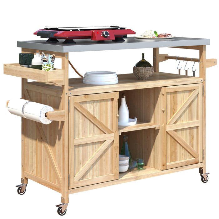 Outdoor Kitchen Island, Rolling Bar Cart & Storage Cabinet, Farmhouse Solid Wood Outdoor Grill Table with Stainless Steel Top, Spice Rack , Towel Rack for Kitchen & BBQ , Natural - DTYStore