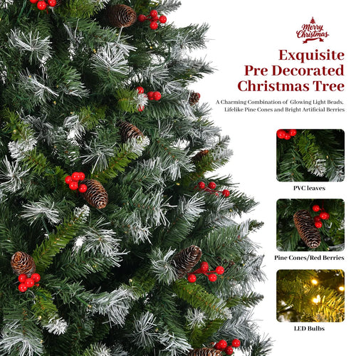 9ft Pre-Lit Pre-Decorated Pine Hinged Artificial Christmas Tree with 1740 Flocked Frosted Tips, 103 Pine Cones, 309 Red Berries,  600 Lights, Metal Base for Holiday Party Office Home - Image 5
