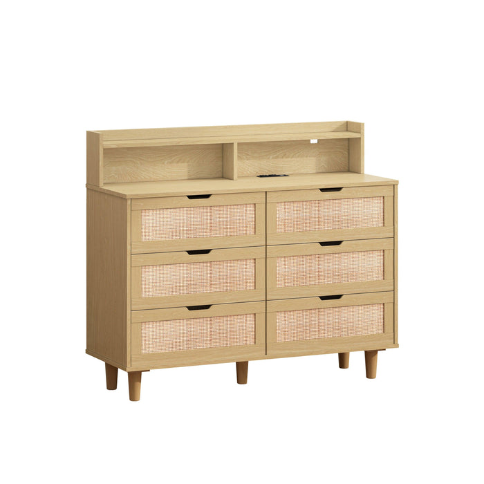43.31"6-Drawers Rattan Storage Cabinet Rattan Drawer with LED Lights and Power Outlet,for Bedroom,Living Room,Natural - DTYStore