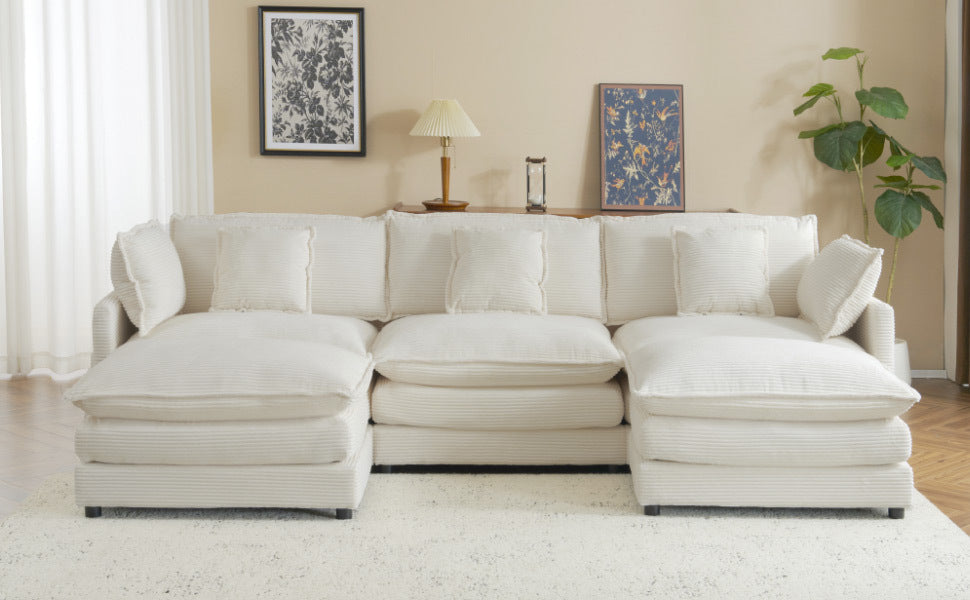 112.6" Modern Sofa Modular Sofa Couch Upholstered Corduroy L-Shape Sectional Sofa with Side Storage Pockets for Living Room, Beige