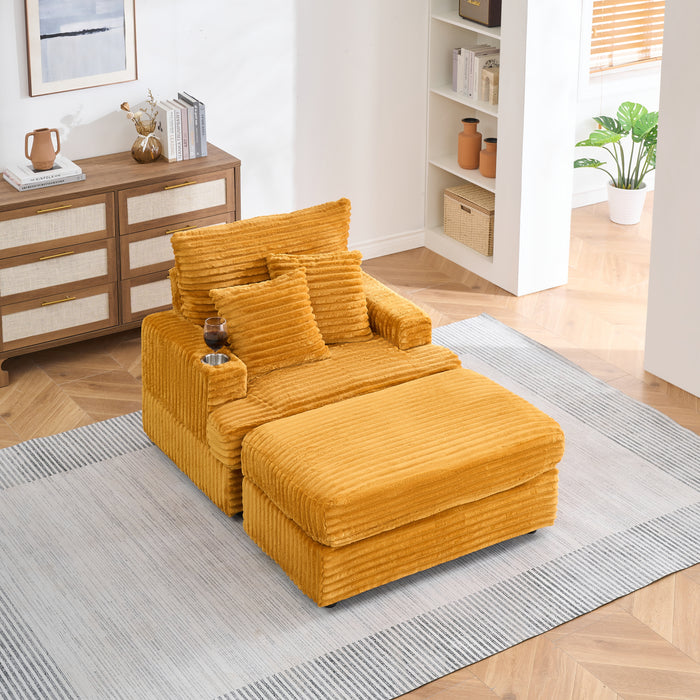 39-inch Spring upholstered armchair and Ottoman set - comfortable single sofa with cup holder and corduroy fabric, perfect for living room or bedroom