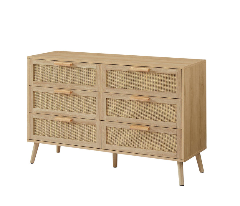 Bedroom dresser, 6 Double Dresser with rattan drawers, wood chest of drawers for kids room, living room, entry and hallway, Natural, 47.2'' W x 15.8'' D x 30'' H. - DTYStore