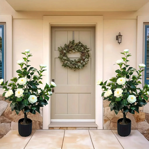 2pcs 3ft Artificial Camellia Trees with Pot & Pebbles - 24 Realistic White Blooms & 188 Lush Green Leaves - Indoor/Outdoor Faux Potted Plant for Home, Office, Garden - All-Season Decor, Best for Chr Default -DTYStore