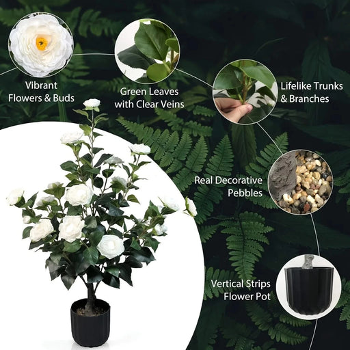 2pcs 3ft Artificial Camellia Trees with Pot & Pebbles - 24 Realistic White Blooms & 188 Lush Green Leaves - Indoor/Outdoor Faux Potted Plant for Home, Office, Garden - All-Season Decor, Best for Chr Default -DTYStore