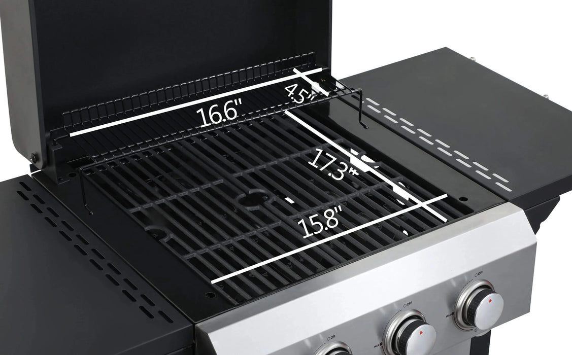 3-Burner Propane Gas BBQ Grill, SS Plancha, 36900BTU Output With Wire Enamel Cooking Grids For Outdoor Barbecue, Foldable Side Table, Hanging Basket, Stainless Steel Default -DTYStore