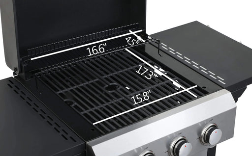 3-Burner Propane Gas BBQ Grill, SS Plancha, 36900BTU Output With Wire Enamel Cooking Grids For Outdoor Barbecue, Foldable Side Table, Hanging Basket, Stainless Steel Default -DTYStore