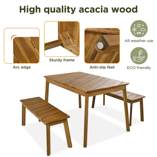 3-Piece Acacia Wood Dining Set with Dining Table and Bench Default -DTYStore