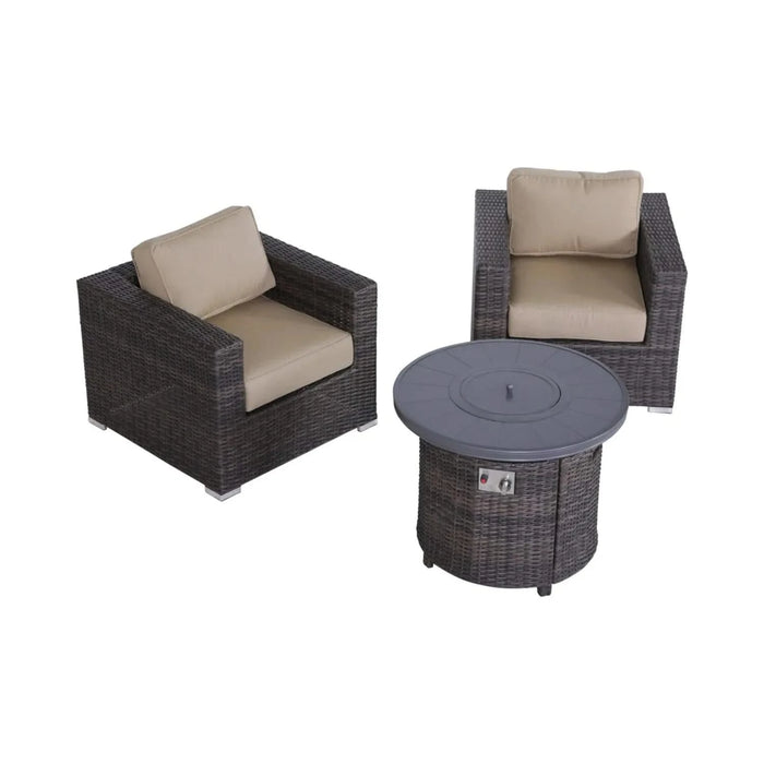 3-Piece All-Weather Seating Group with Premium Cushions, Fire Pit Included, Beige/Brown, Wicker Default -DTYStore