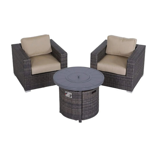 3-Piece All-Weather Seating Group with Premium Cushions, Fire Pit Included, Beige/Brown, Wicker Default -DTYStore