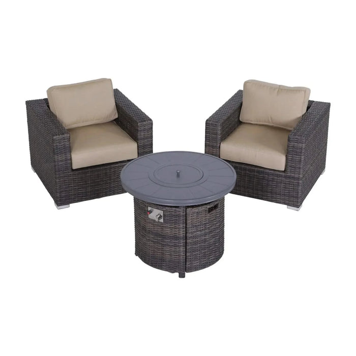 3-Piece All-Weather Seating Group with Premium Cushions, Fire Pit Included, Beige/Brown, Wicker Default -DTYStore