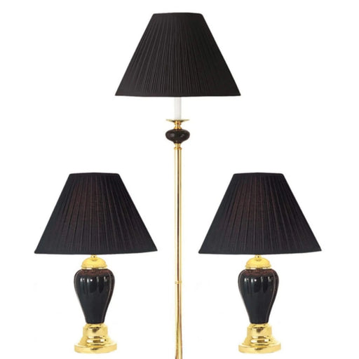3-Piece Ceramic Lamp Set, Floor and Table Lamps, Black finish Default -DTYStore