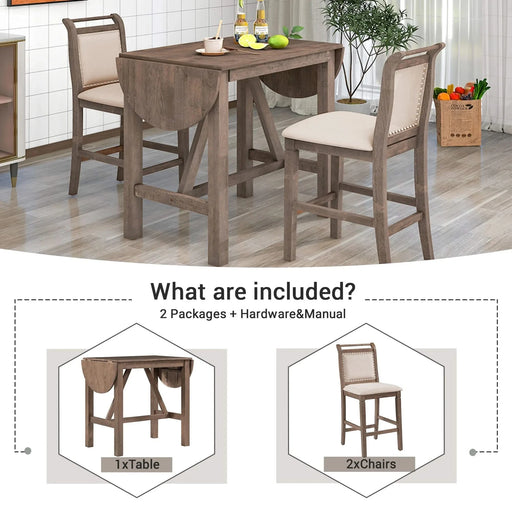 3-Piece Wood Counter Height Drop Leaf Dining Table Set with 2 Upholstered Dining Chairs for Small Place, Brown Default -DTYStore