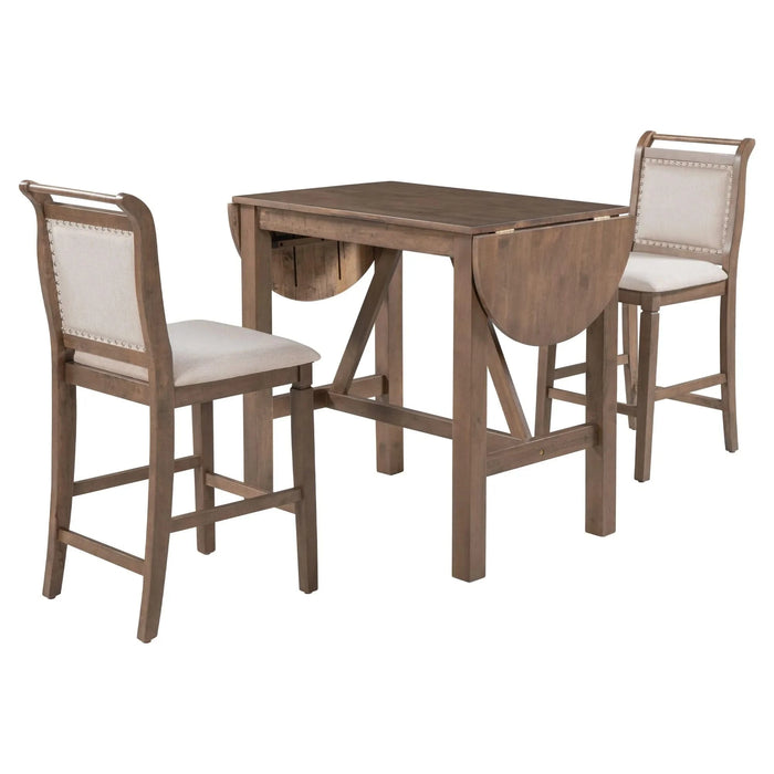 3-Piece Wood Counter Height Drop Leaf Dining Table Set with 2 Upholstered Dining Chairs for Small Place, Brown Default -DTYStore