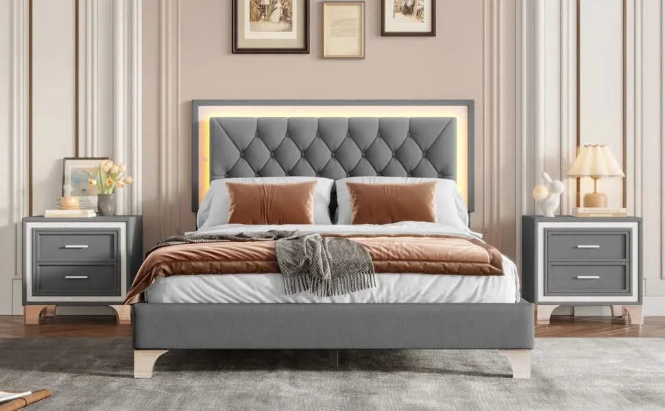 3-Pieces Bedroom Sets,Queen Size Upholstered Platform Bed with LED Lights and Two Nightstands-Gray Default -DTYStore