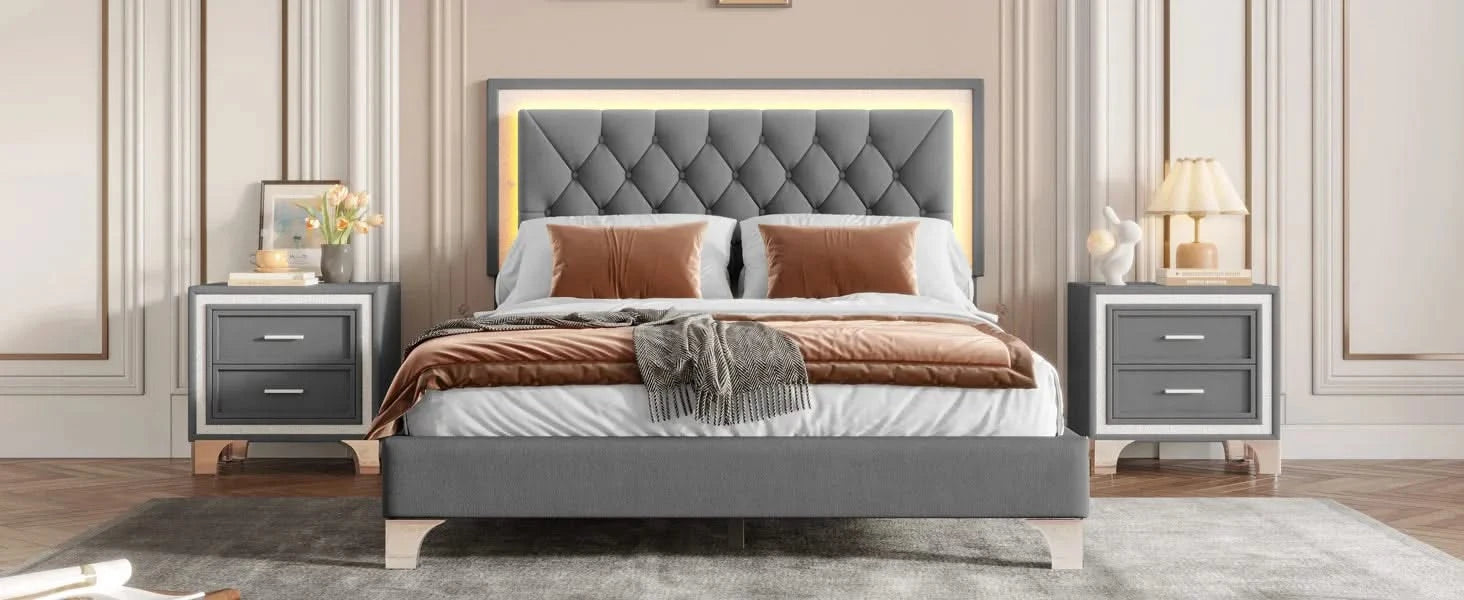 3-Pieces Bedroom Sets,Queen Size Upholstered Platform Bed with LED Lights and Two Nightstands-Gray Default -DTYStore