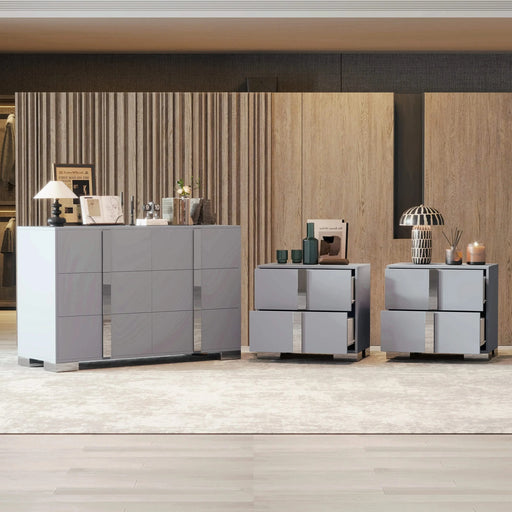 3-Pieces Sets, Elegant 6 Drawers Dresser and Two Nightstands, Storage Cabinet and Bedside Table with Metal Handles, for Bedroom and Living Room,Gray Default -DTYStore