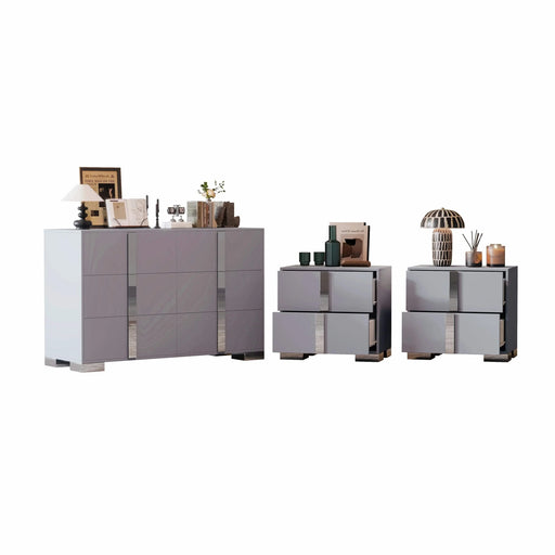 3-Pieces Sets, Elegant 6 Drawers Dresser and Two Nightstands, Storage Cabinet and Bedside Table with Metal Handles, for Bedroom and Living Room,Gray Default -DTYStore