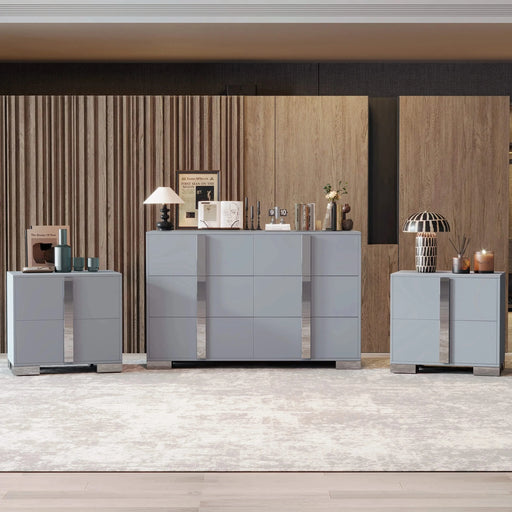 3-Pieces Sets, Elegant 6 Drawers Dresser and Two Nightstands, Storage Cabinet and Bedside Table with Metal Handles, for Bedroom and Living Room,Gray Default -DTYStore