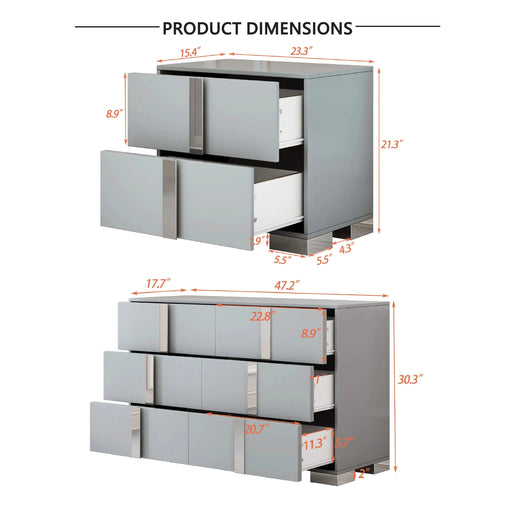 3-Pieces Sets, Elegant 6 Drawers Dresser and Two Nightstands, Storage Cabinet and Bedside Table with Metal Handles, for Bedroom and Living Room,Gray Default -DTYStore