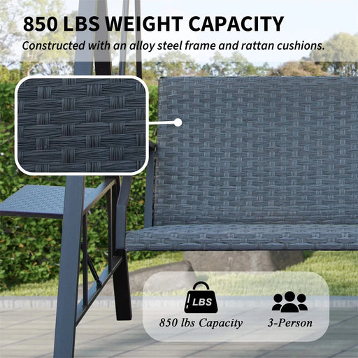 3-Seat Outdoor Porch Swing w/Adjustable Polycarbonate Hardtop and Side Table, Wicker Patio Swing Chair Bench with Steel Frame and Quick-Drying Foam Seat, Perfect for Backyard Garden and Lawn Default -DTYStore