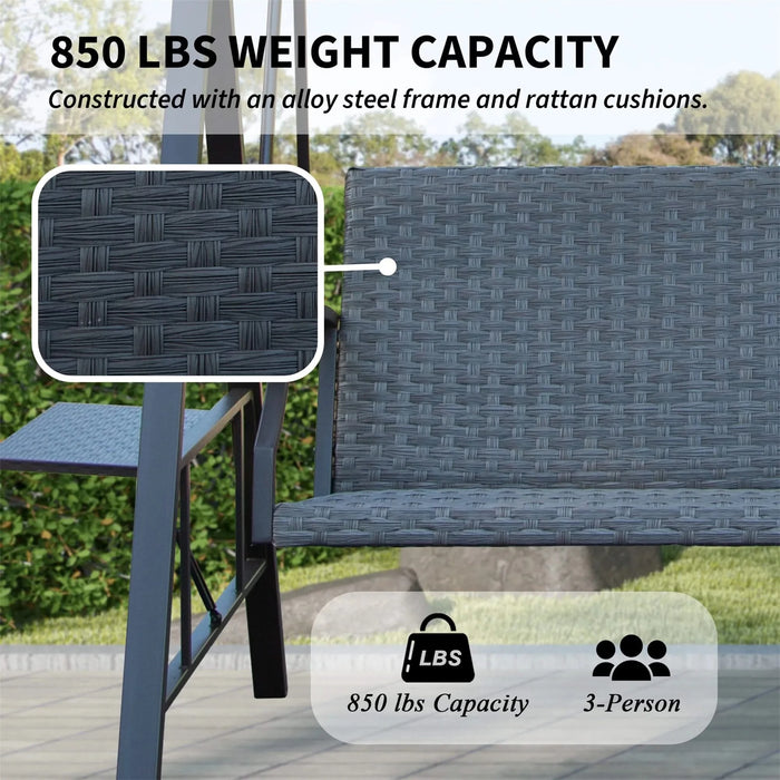 3-Seat Outdoor Porch Swing w/Adjustable Polycarbonate Hardtop and Side Table, Wicker Patio Swing Chair Bench with Steel Frame and Quick-Drying Foam Seat, Perfect for Backyard Garden and Lawn Default -DTYStore
