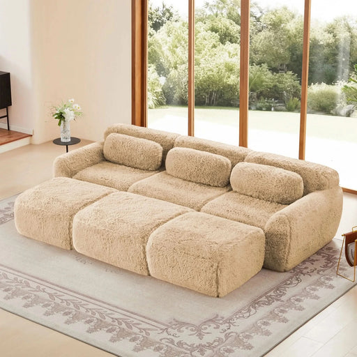 3-Seater Soft Plush Fabric,32D High Density Spong,Movable Ottoman Free Combination,No Assembly Required Bottom Anti-Slip Design,Buckle Connection,For Bedroom,Living Room, And Home Theater,Light Khaki-DTYStore