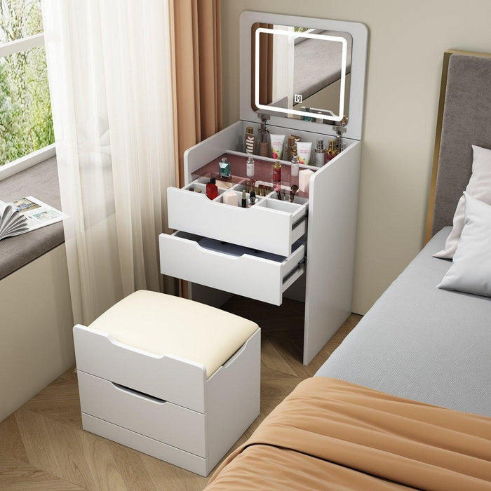 3 in 1 Vanity Desk with Plip Top Mirror, Small Make Up Vanity Set with Visible Glass Desktop, Compact Makeup Vanity with 3 Drawers, Cushioned Tool, Dressing Table for Bedroom - DTYStore