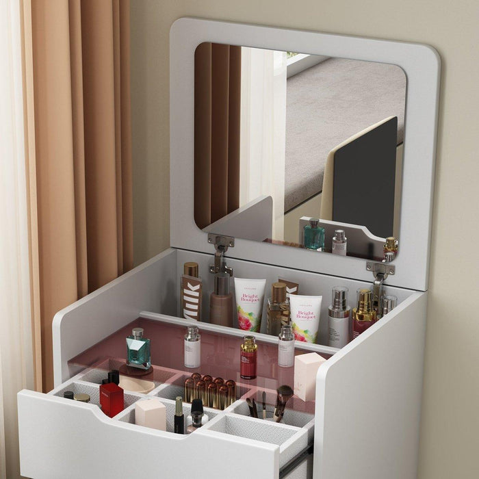 3 in 1 Vanity Desk with Plip Top Mirror, Small Make Up Vanity Set with Visible Glass Desktop, Compact Makeup Vanity with 3 Drawers, Cushioned Tool, Dressing Table for Bedroom - DTYStore