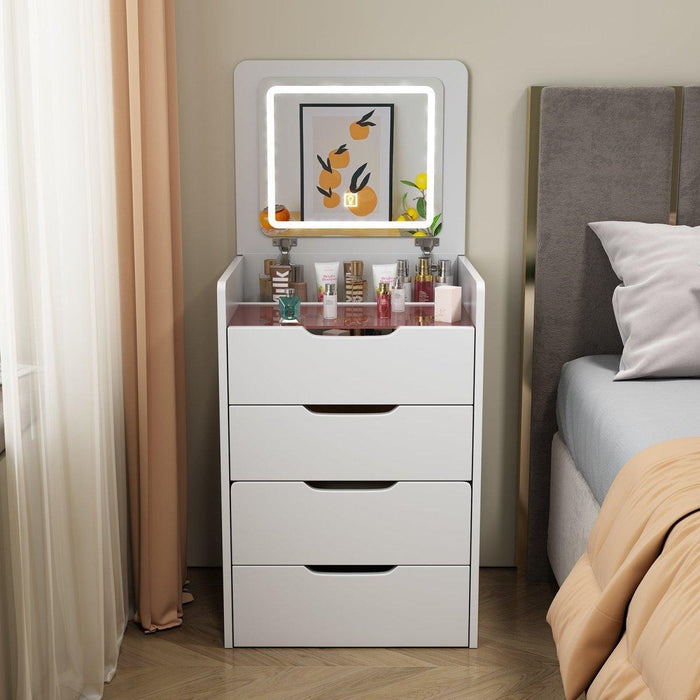 3 in 1 Vanity Desk with Plip Top Mirror, Small Make Up Vanity Set with Visible Glass Desktop, Compact Makeup Vanity with 3 Drawers, Cushioned Tool, Dressing Table for Bedroom - DTYStore