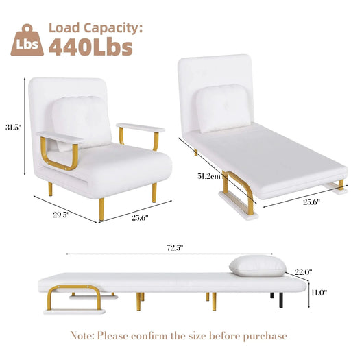 3-in-1 Convertible Folding Sofa Bed with Adjustable Backrest and Pillow, White, Grass Cloth Default -DTYStore