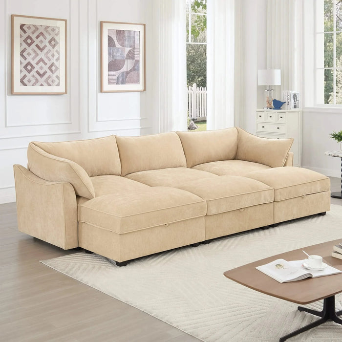 3-seater sofa with 3 footstools, each seat has a pull-out drawer underneath, featuring crescent-shaped armrests and wraparound back and arm cushions, chenille fabric, wheat colour. Default -DTYStore