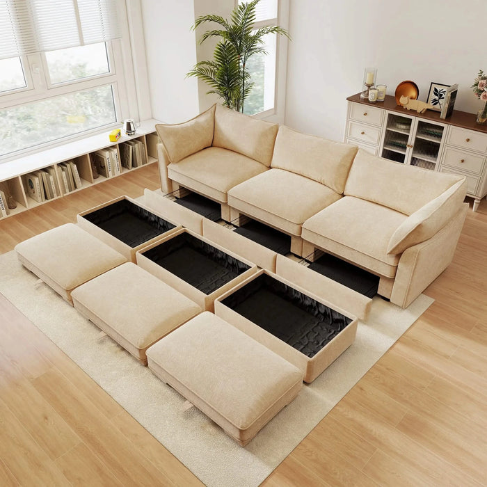 3-seater sofa with 3 footstools, each seat has a pull-out drawer underneath, featuring crescent-shaped armrests and wraparound back and arm cushions, chenille fabric, wheat colour. Default -DTYStore