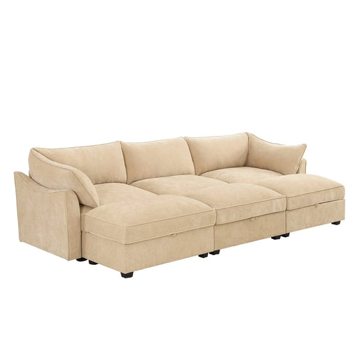 3-seater sofa with 3 footstools, each seat has a pull-out drawer underneath, featuring crescent-shaped armrests and wraparound back and arm cushions, chenille fabric, wheat colour. Default -DTYStore
