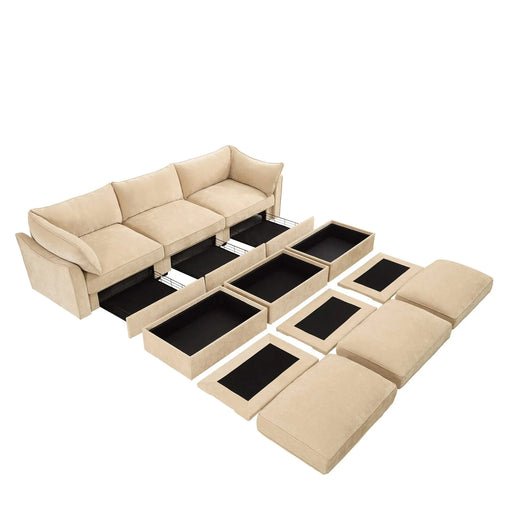 3-seater sofa with 3 footstools, each seat has a pull-out drawer underneath, featuring crescent-shaped armrests and wraparound back and arm cushions, chenille fabric, wheat colour. Default -DTYStore