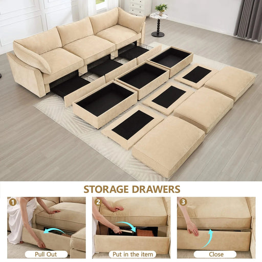 3-seater sofa with 3 footstools, each seat has a pull-out drawer underneath, featuring crescent-shaped armrests and wraparound back and arm cushions, chenille fabric, wheat colour. Default -DTYStore