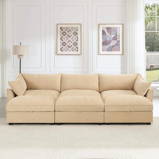 3-seater sofa with 3 footstools, each seat has a pull-out drawer underneath, featuring crescent-shaped armrests and wraparound back and arm cushions, chenille fabric, wheat colour. Default -DTYStore