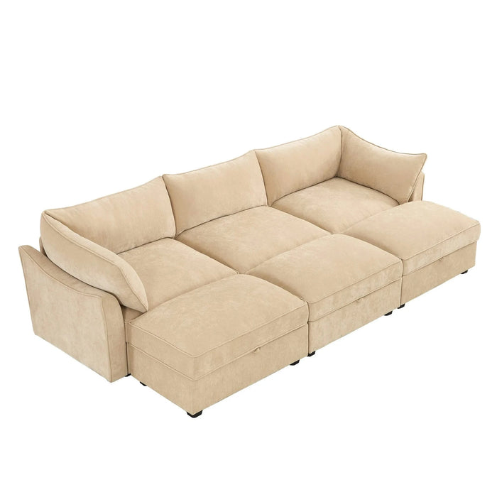 3-seater sofa with 3 footstools, each seat has a pull-out drawer underneath, featuring crescent-shaped armrests and wraparound back and arm cushions, chenille fabric, wheat colour. Default -DTYStore