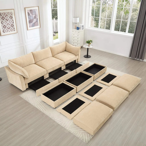 3-seater sofa with 3 footstools, each seat has a pull-out drawer underneath, featuring crescent-shaped armrests and wraparound back and arm cushions, chenille fabric, wheat colour. Default -DTYStore