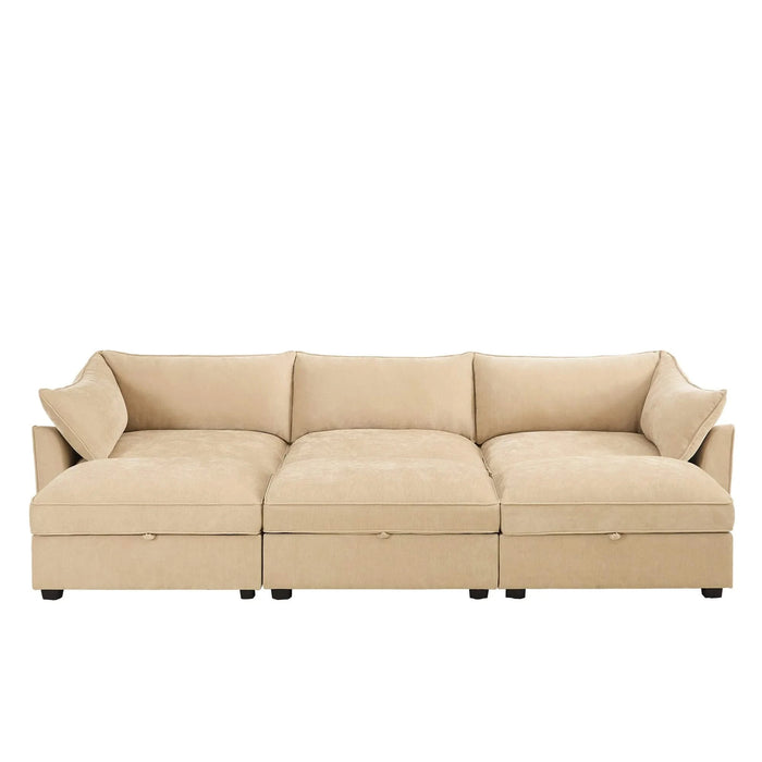 3-seater sofa with 3 footstools, each seat has a pull-out drawer underneath, featuring crescent-shaped armrests and wraparound back and arm cushions, chenille fabric, wheat colour. Default -DTYStore