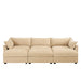 3-seater sofa with 3 footstools, each seat has a pull-out drawer underneath, featuring crescent-shaped armrests and wraparound back and arm cushions, chenille fabric, wheat colour. Default -DTYStore