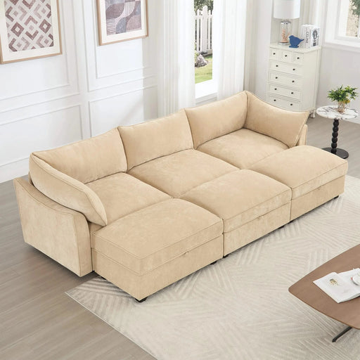 3-seater sofa with 3 footstools, each seat has a pull-out drawer underneath, featuring crescent-shaped armrests and wraparound back and arm cushions, chenille fabric, wheat colour. Default -DTYStore