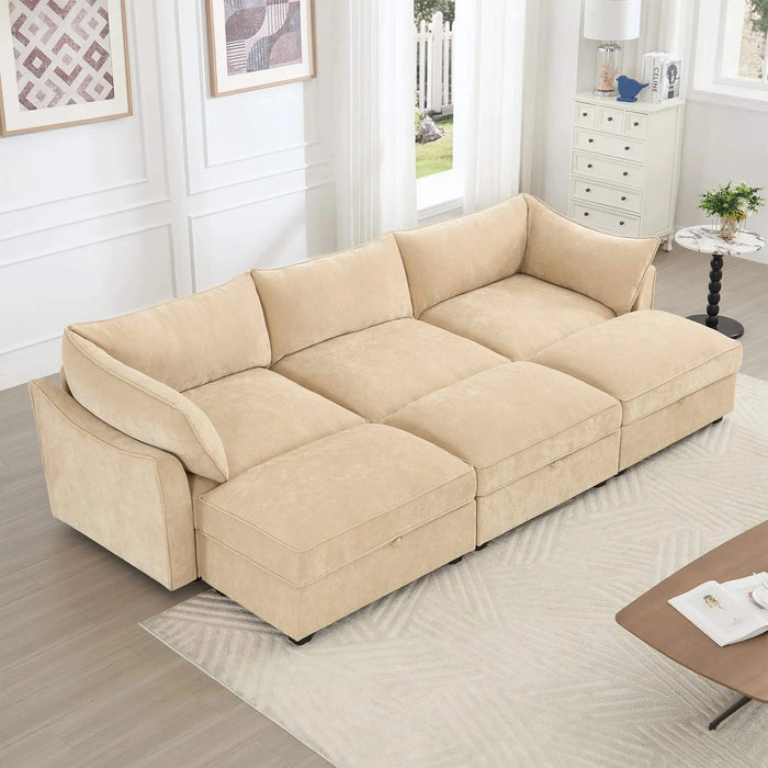 3-seater sofa with 3 footstools, each seat has a pull-out drawer underneath, featuring crescent-shaped armrests and wraparound back and arm cushions, chenille fabric, wheat colour. Default -DTYStore