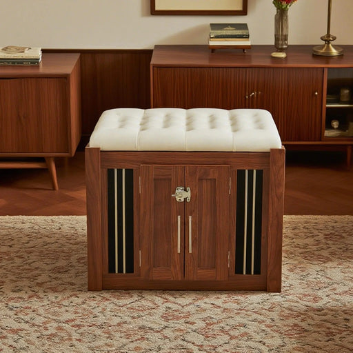 30.25'L, 2 in 1 Dog Crate with Padded Seat, Sliding Barn Door, Luxury Wooden Dog Kennel, End of Bed Bench Ottoman with Removable Cushion for Bedroom, Living Room, Walnut Default -DTYStore