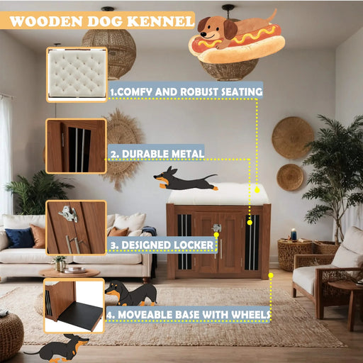 30.25'L, 2 in 1 Dog Crate with Padded Seat, Sliding Barn Door, Luxury Wooden Dog Kennel, End of Bed Bench Ottoman with Removable Cushion for Bedroom, Living Room, Walnut Default -DTYStore