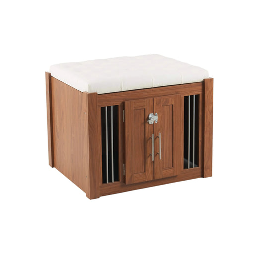 30.25'L, 2 in 1 Dog Crate with Padded Seat, Sliding Barn Door, Luxury Wooden Dog Kennel, End of Bed Bench Ottoman with Removable Cushion for Bedroom, Living Room, Walnut Default -DTYStore