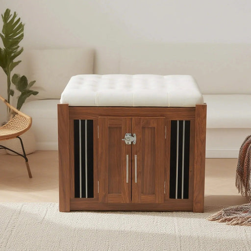 30.25'L, 2 in 1 Dog Crate with Padded Seat, Sliding Barn Door, Luxury Wooden Dog Kennel, End of Bed Bench Ottoman with Removable Cushion for Bedroom, Living Room, Walnut Default -DTYStore