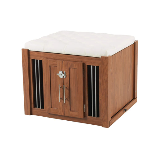 30.25'L, 2 in 1 Dog Crate with Padded Seat, Sliding Barn Door, Luxury Wooden Dog Kennel, End of Bed Bench Ottoman with Removable Cushion for Bedroom, Living Room, Walnut Default -DTYStore