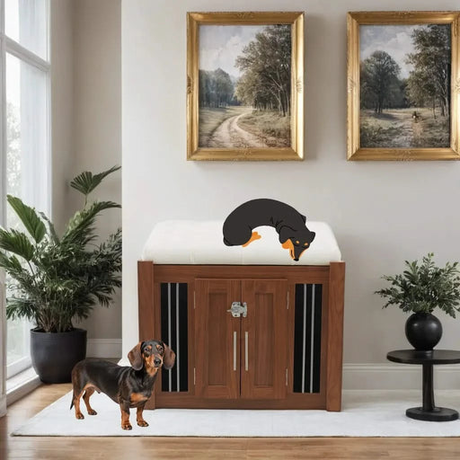 30.25'L, 2 in 1 Dog Crate with Padded Seat, Sliding Barn Door, Luxury Wooden Dog Kennel, End of Bed Bench Ottoman with Removable Cushion for Bedroom, Living Room, Walnut Default -DTYStore