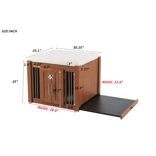 30.25'L, 2 in 1 Dog Crate with Padded Seat, Sliding Barn Door, Luxury Wooden Dog Kennel, End of Bed Bench Ottoman with Removable Cushion for Bedroom, Living Room, Walnut Default -DTYStore